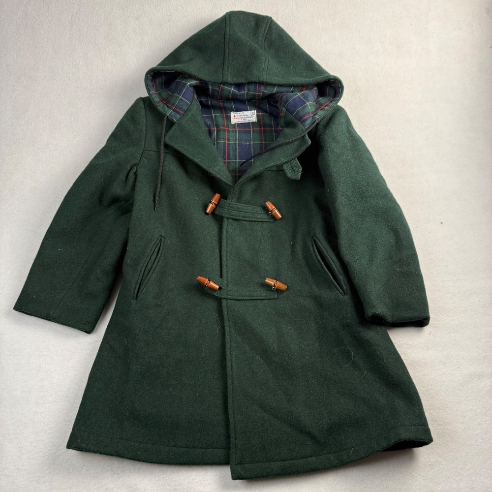 Imp Originals Vintage Kids Forest Green Wool Toggle Duffle Coat‎ Plaid Lining 10